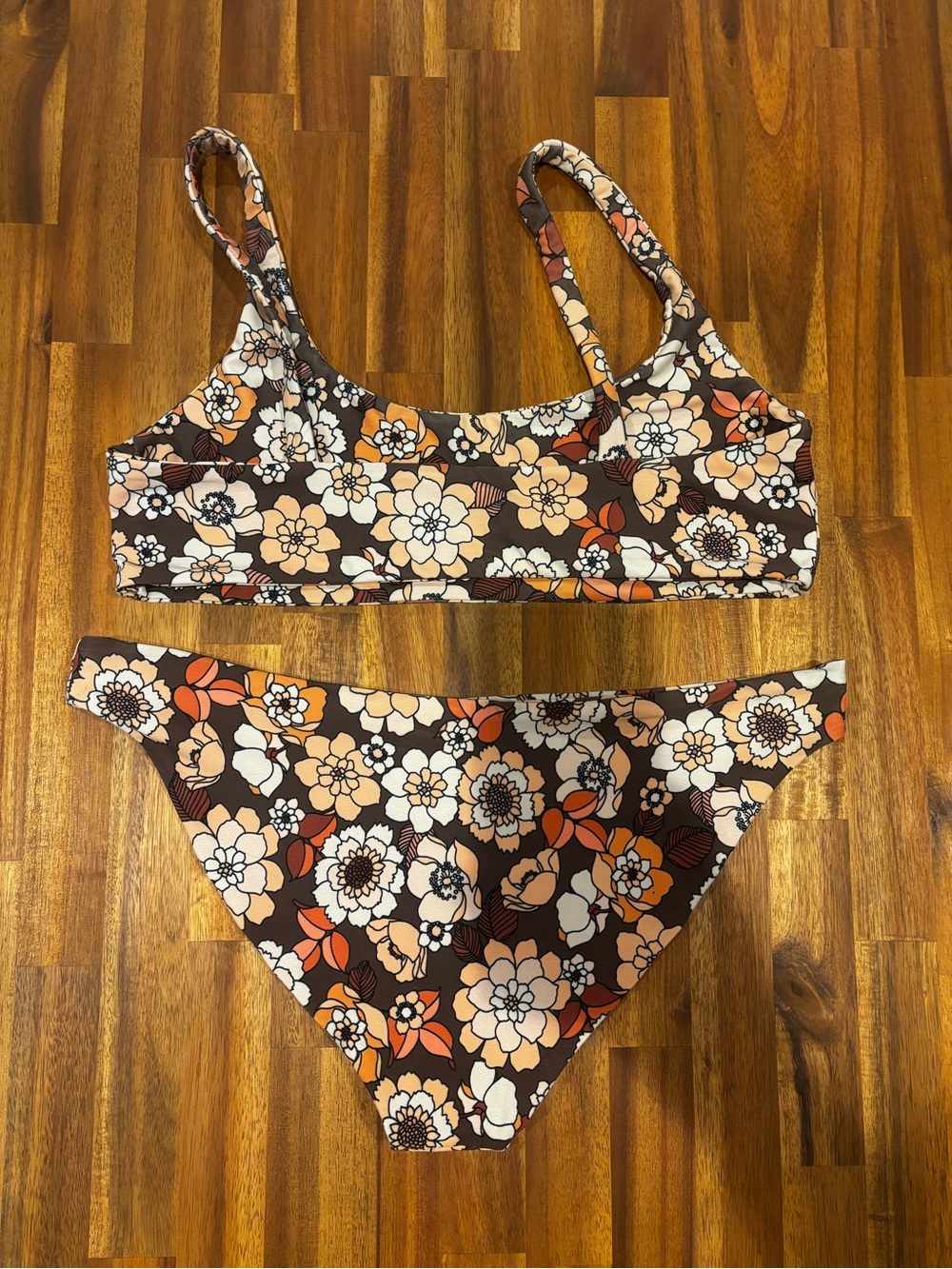SKATIE Bikini Swimsuit Set Retro Floral Two-Piece Bikini Brown, Cream & Orange M - Picture 2 of 11